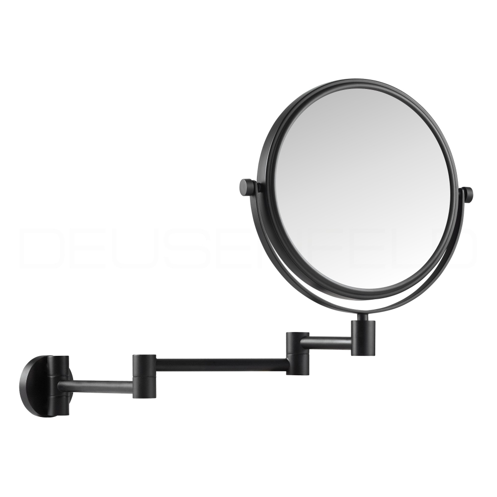 DEUSENFELD K523B - Doppel Wand Kosmetikspiegel, 3-Armig, 5x Vergrößerung + Normalspiegel, Ø20cm, 360° vertikal und horizontal schwenkbar, 44cm ausklappbar, matt schwarz